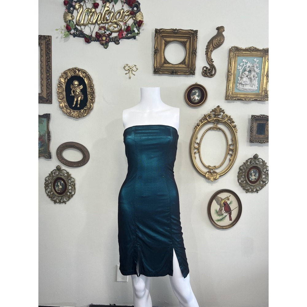 Allegra Vintage Metallic Teal Strapless Bodycon Slit Dress XS